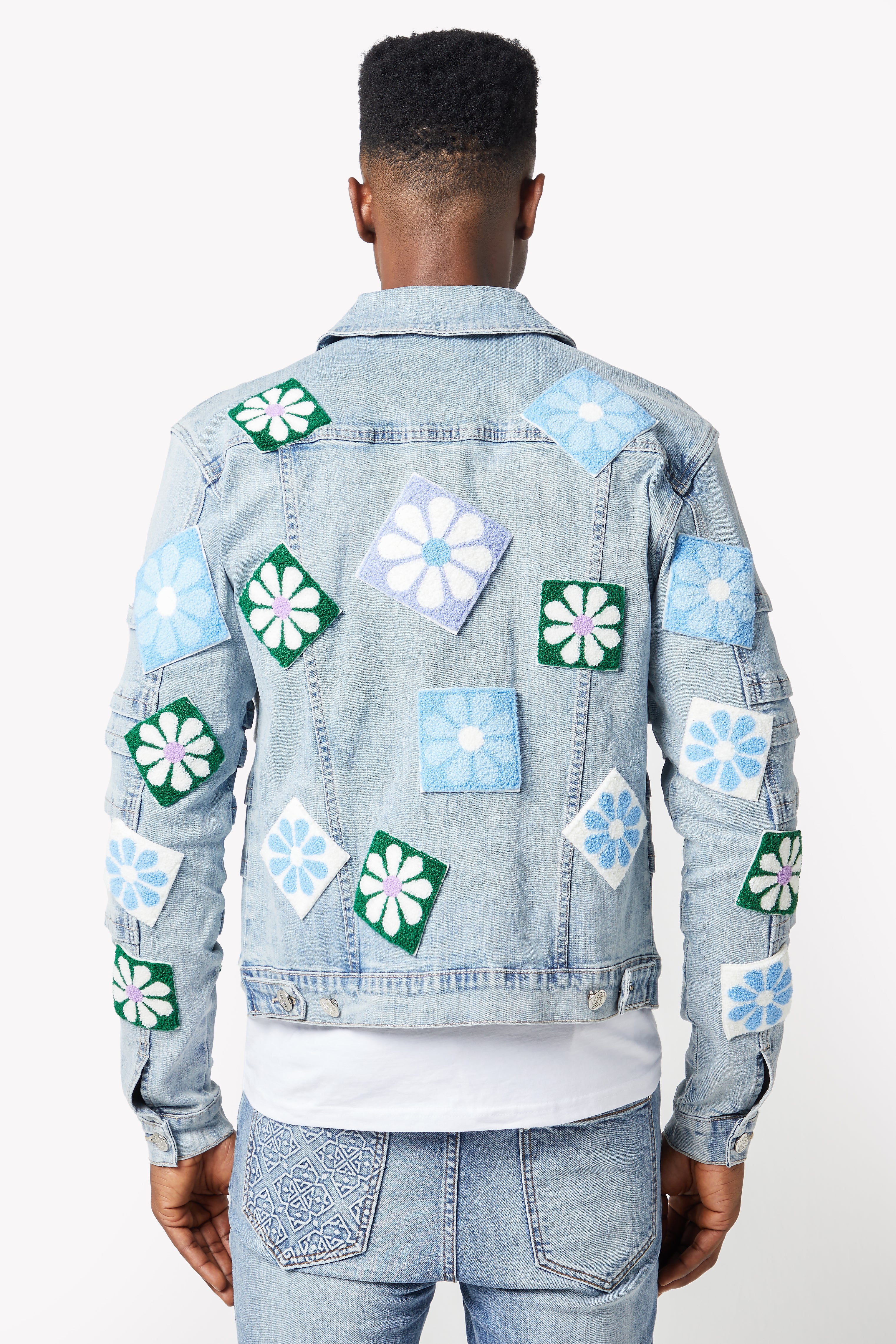 Aqua Blue Flowers Denim Jacket - Image 3