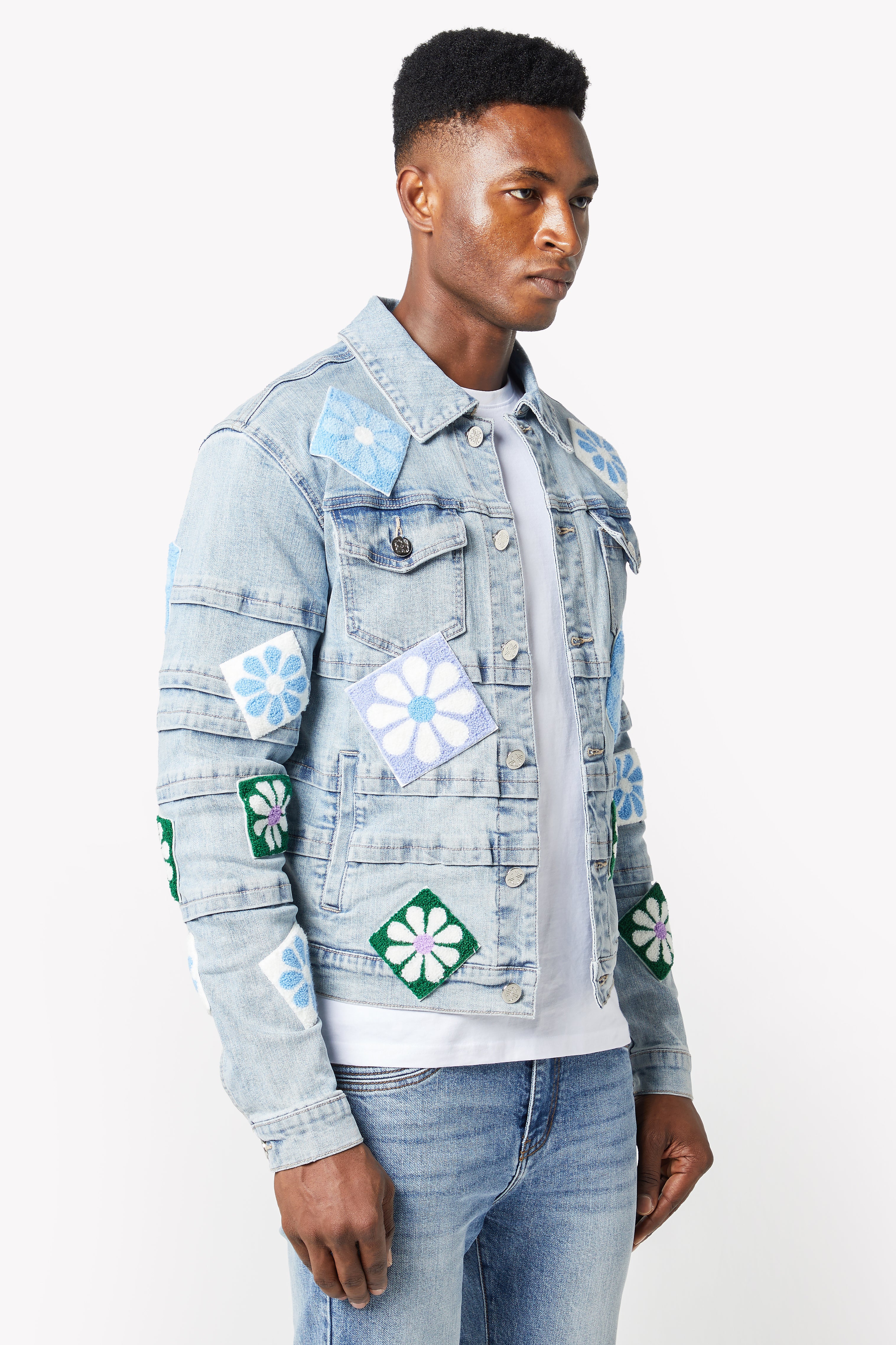 Aqua Blue Flowers Denim Jacket - Image 4