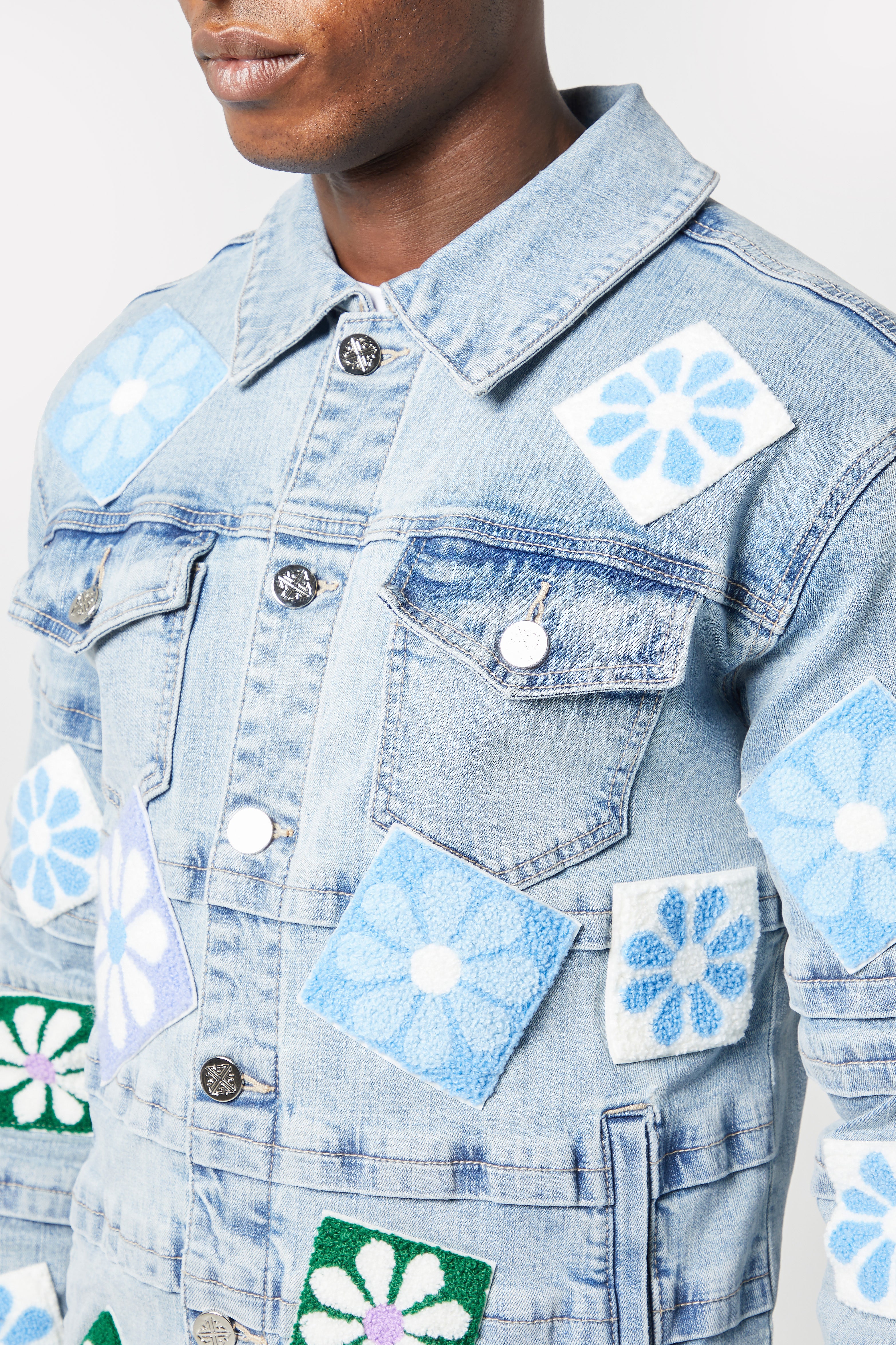 Aqua Blue Flowers Denim Jacket - Image 5