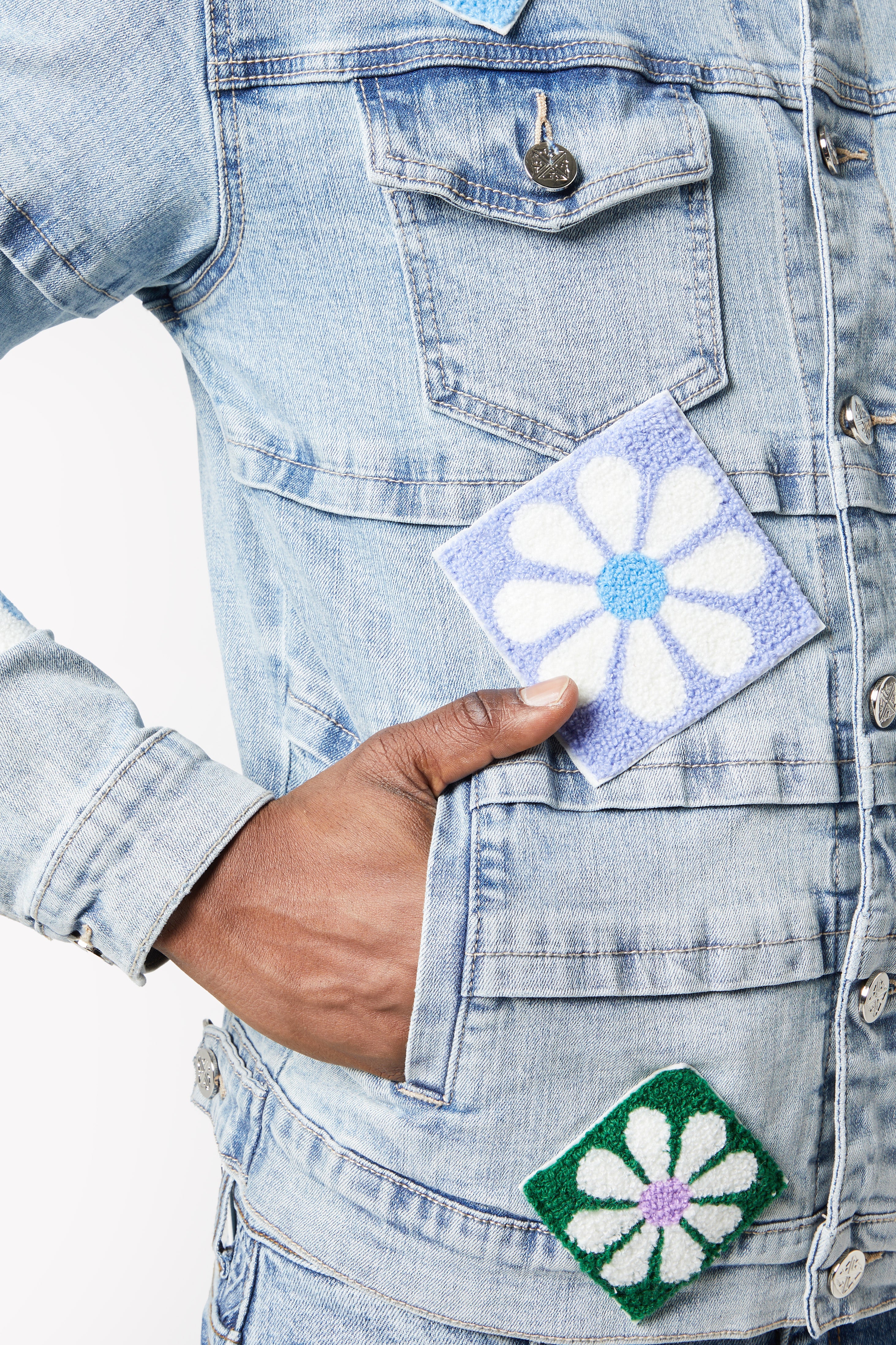 Aqua Blue Flowers Denim Jacket - Image 7