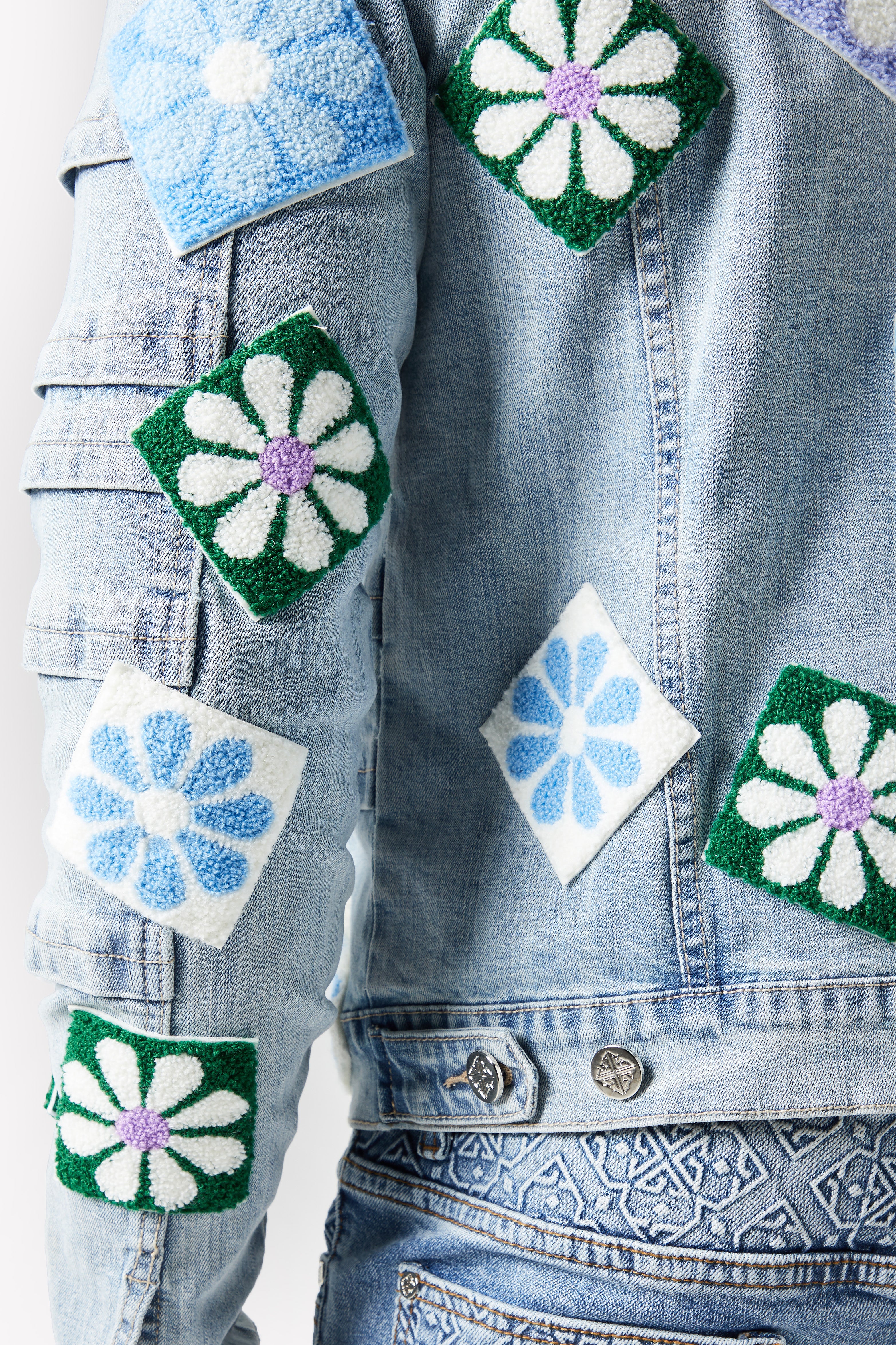Aqua Blue Flowers Denim Jacket - Image 8