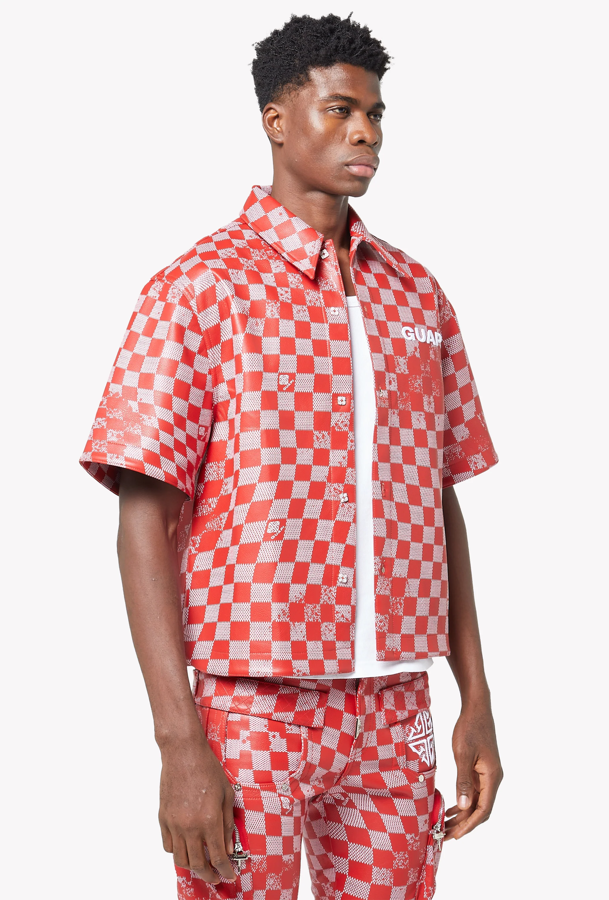 Blood Red Checkerboard Leather Shirt - Image 6