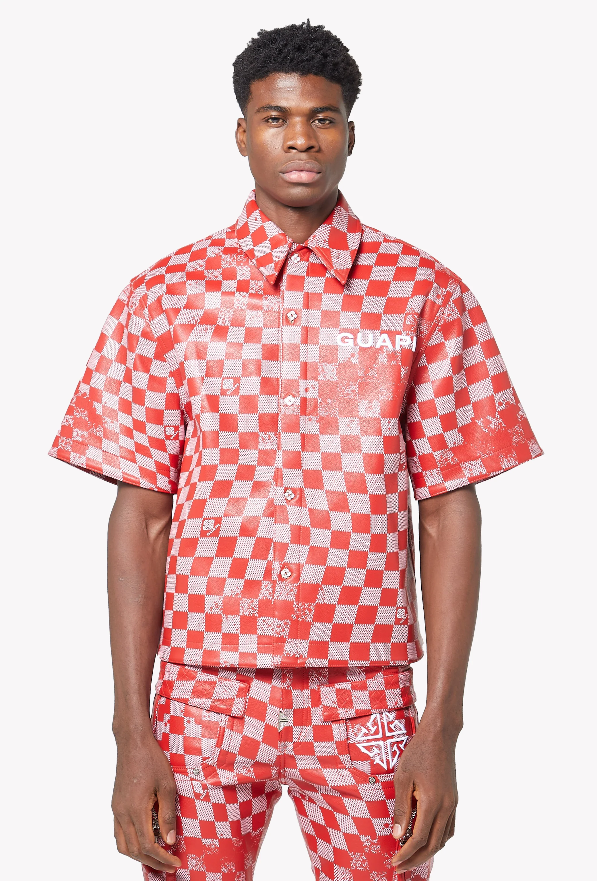 Blood Red Checkerboard Leather Shirt - Image 7