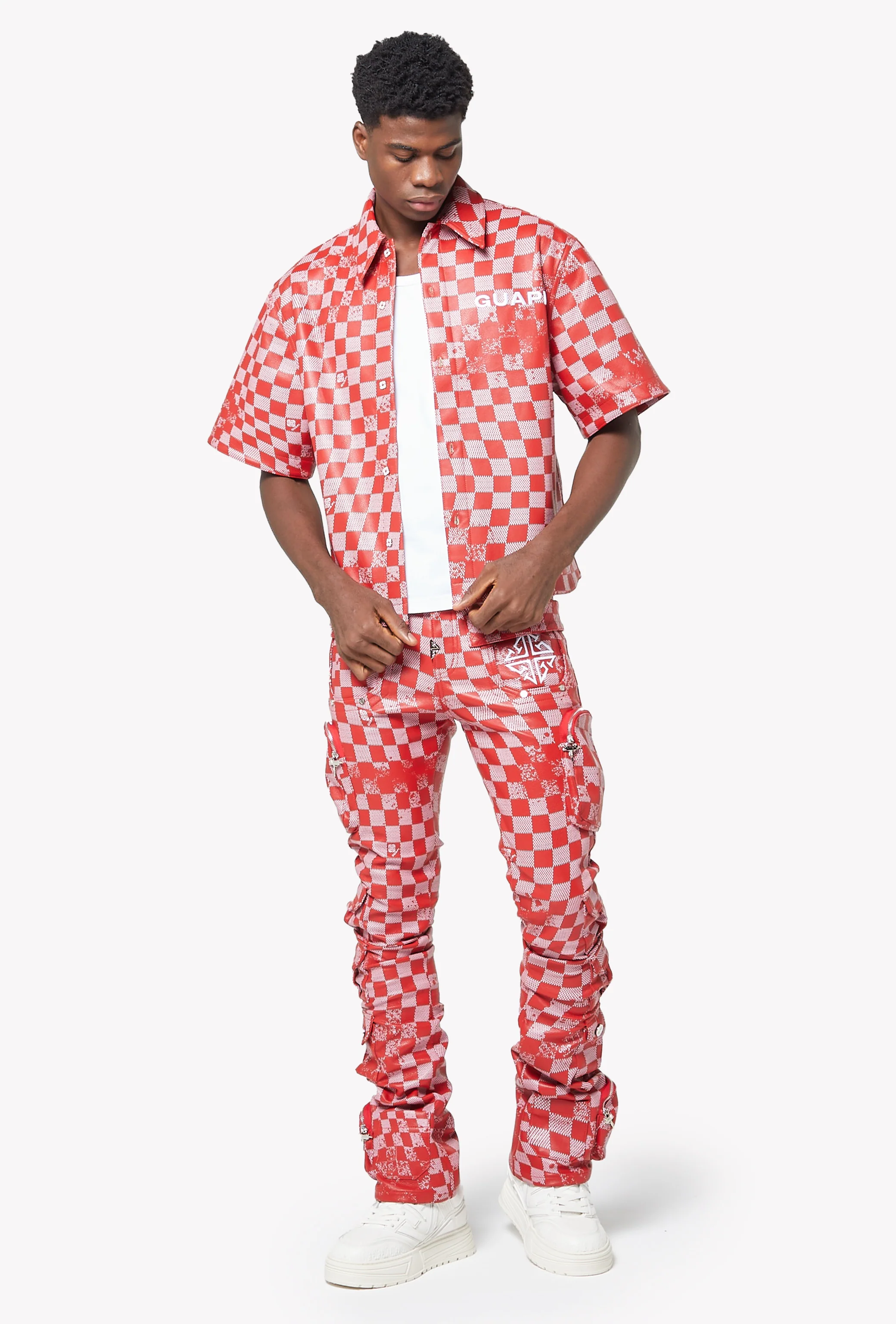 Blood Red Checkerboard Leather Shirt - Image 8