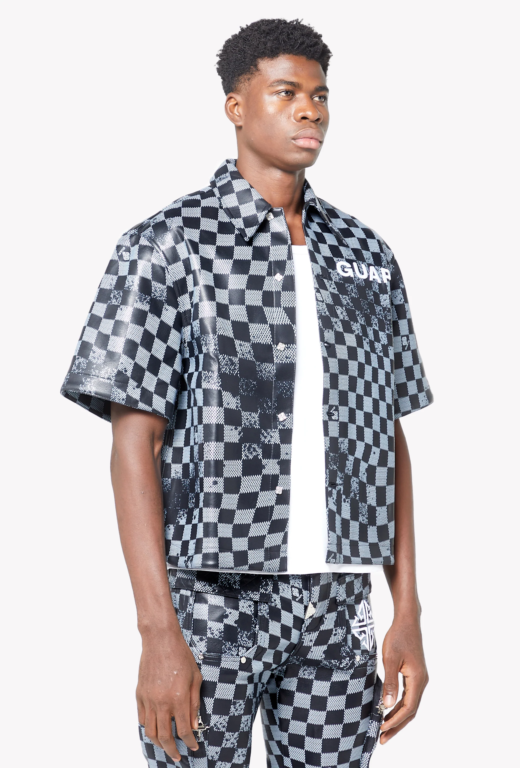 Obsidian Black Checkerboard  Leather Shirt - Image 4