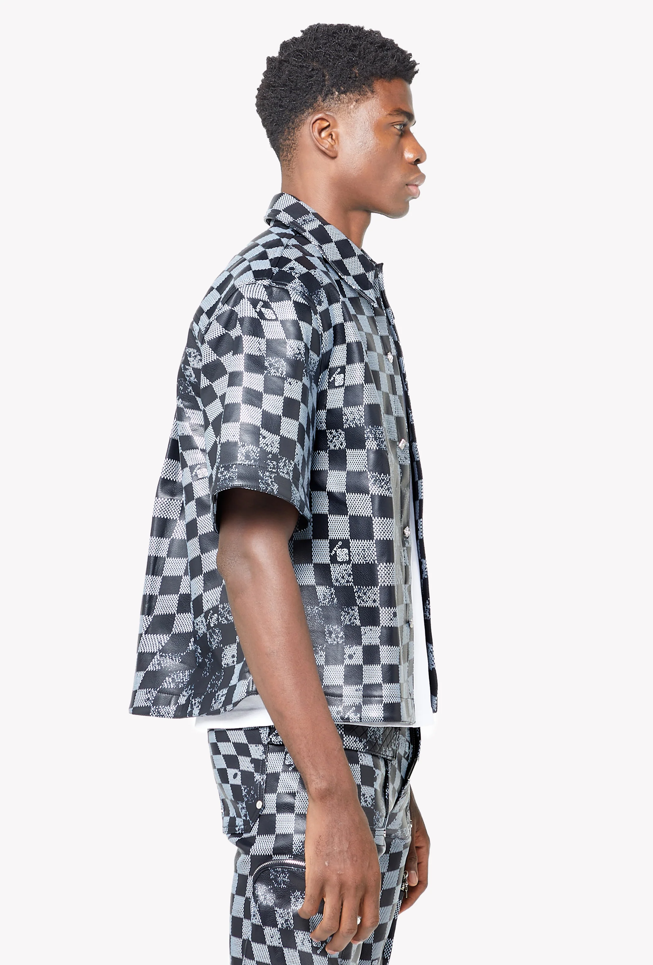 Obsidian Black Checkerboard  Leather Shirt - Image 5
